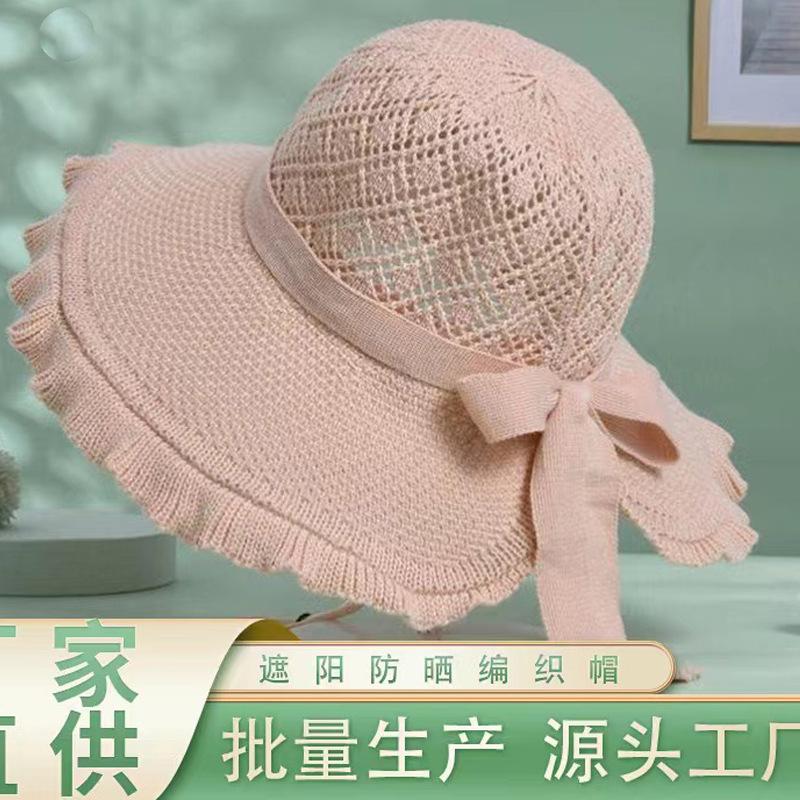 Women's Fringe Edge Crochet Sun Hat Wide Brim UV Protection Summer Hat with Bow Breathable Foldable Beach Hat