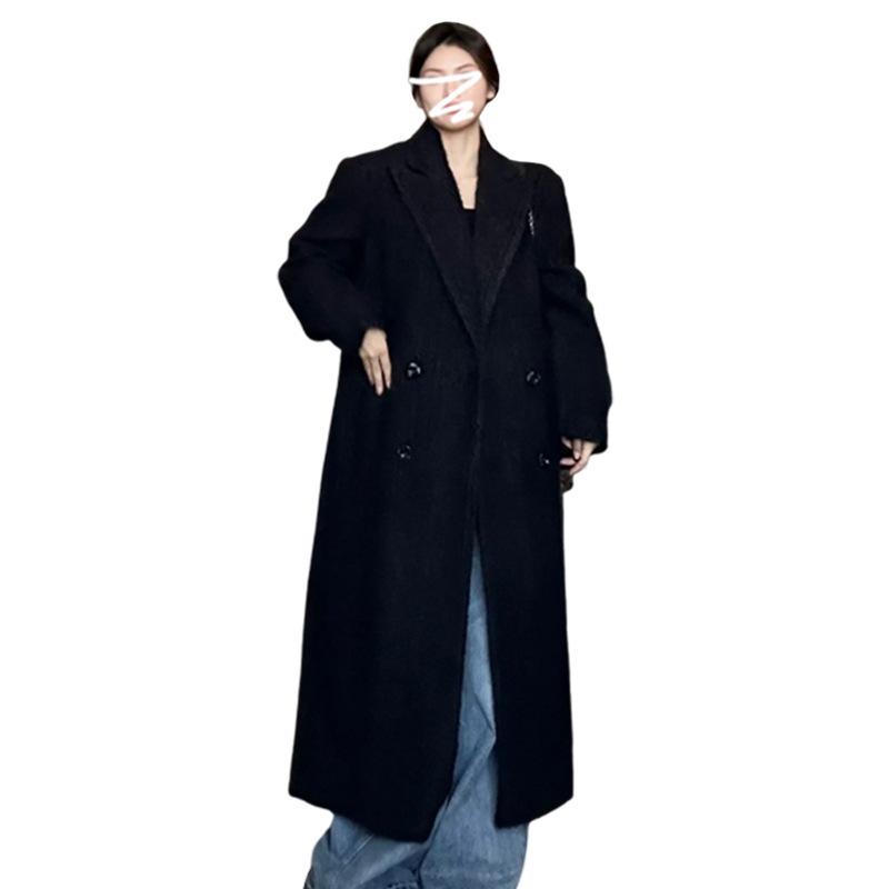 Women's Black Wool-Blend Thickened Coat - Autumn/Winter, Korean Style, High-End Loose Fit