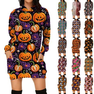 Dámske jesenné a zimné mikinové šaty s kapucňou Halloweenové šaty s potlačou