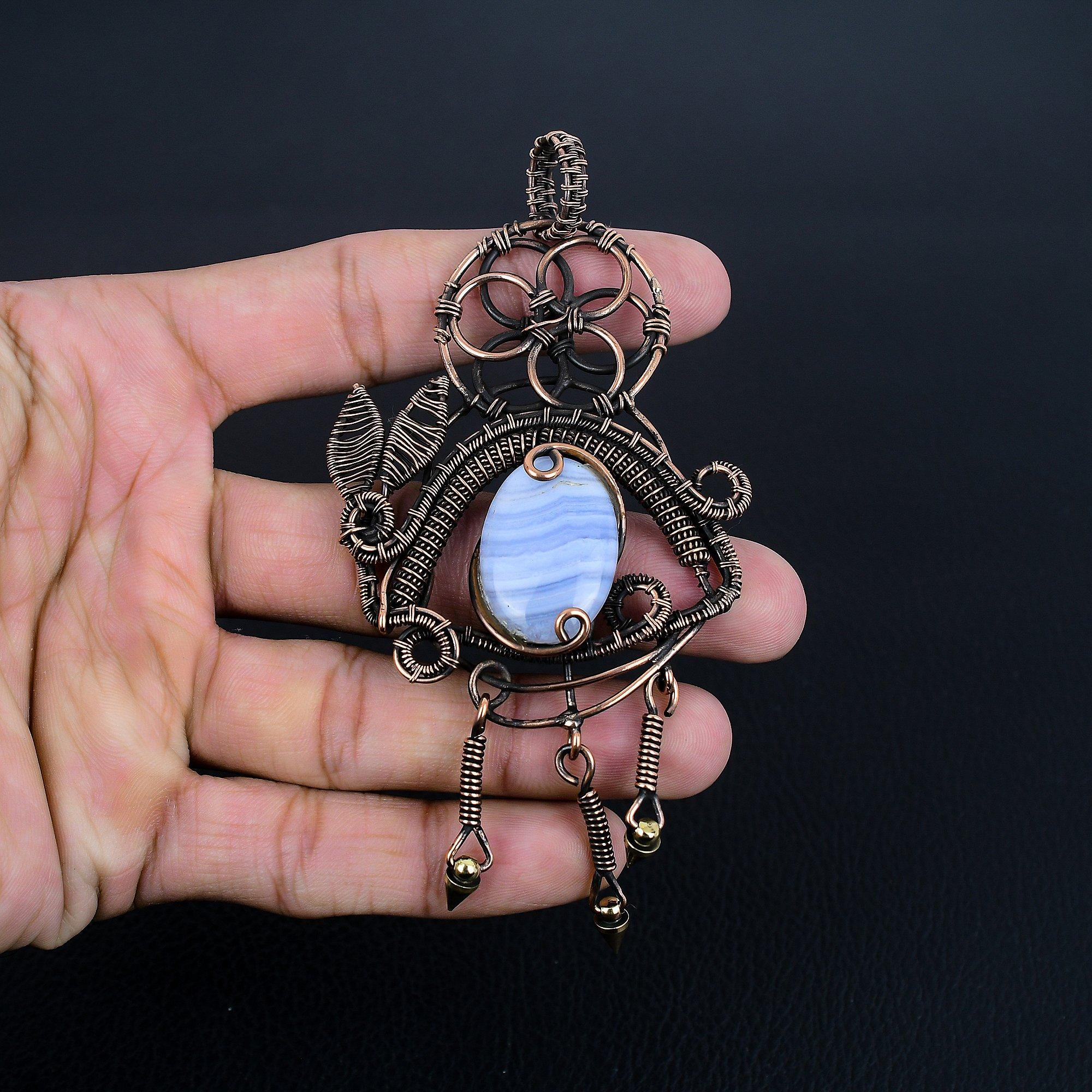 

Blue Lace Agate Handmade Gemstone Pendant, 999 Copper Wire Wrapped Pendant Antique Jewelry, Pendant For Engagement Gift 2.99 Inches