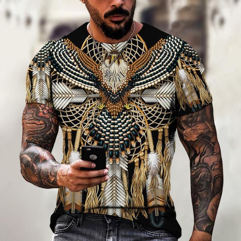 Men's Shirt Casual Harajuku T-shirt Animal Summer Retro Indian Print Men's Street Crew Neck Short Sleeve Design Large