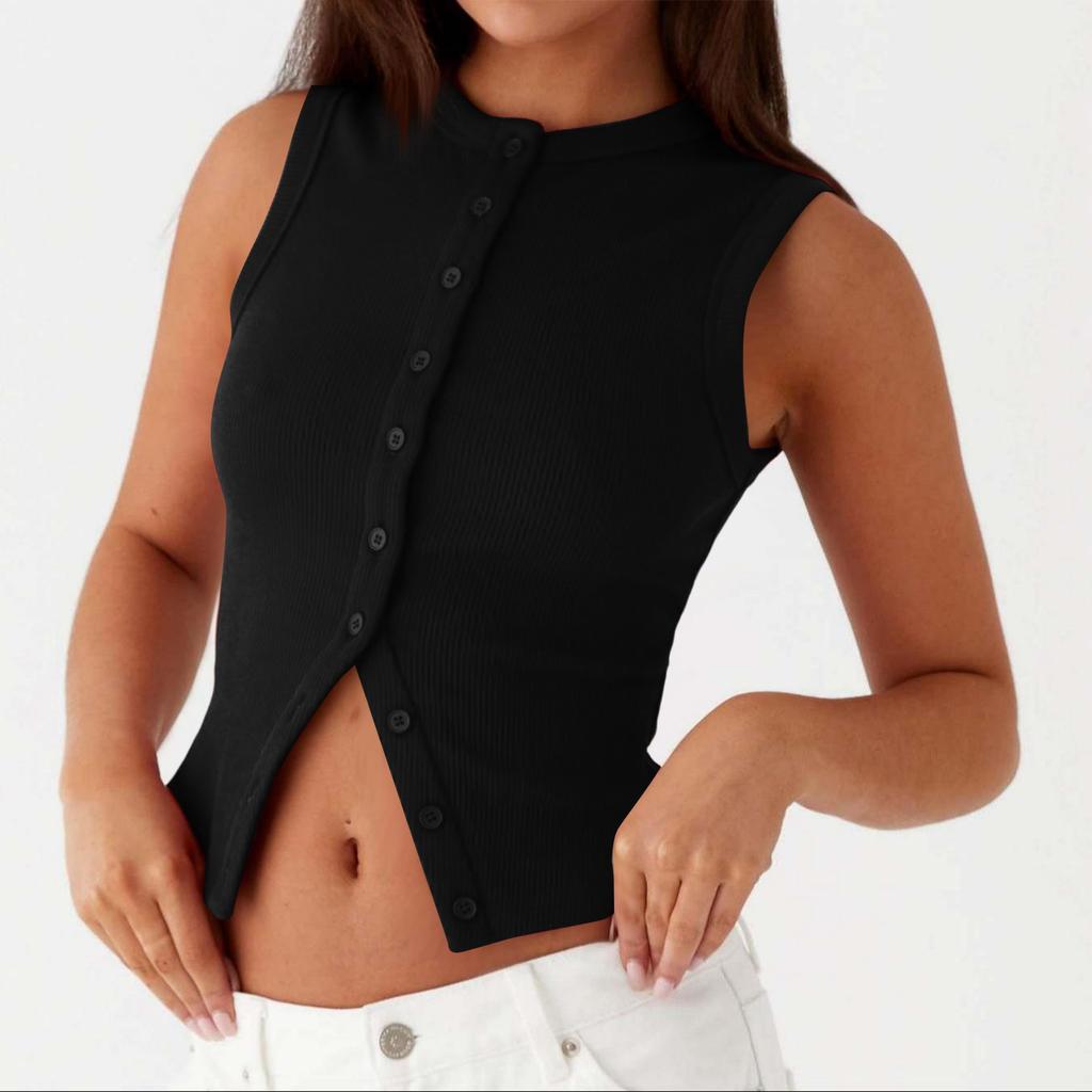 Women's Fashionable Casual Slim Fit Short Ribbed Sleeveless Button-Up Vest T-Shirt