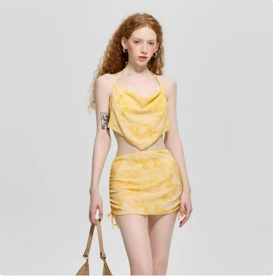 Шикарный европейско-американский высококачественный двухсекционный бикини: Отбеливающий, Стройнящий, Скрывающий живот Купальник для Женщин - Идеально подходит для Курортов с Горячими Источниками Large жёлтый