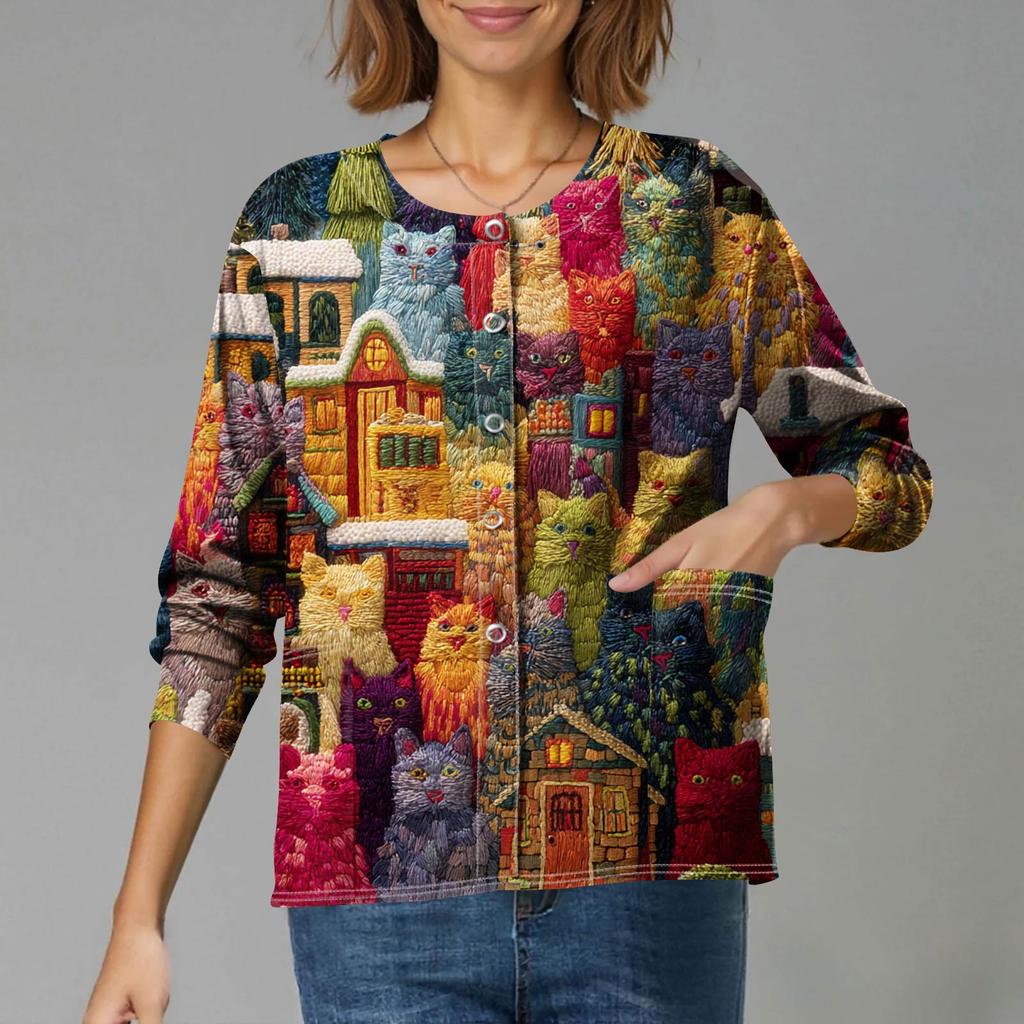 Women's Casual Long-Sleeved Single-Breasted Christmas-Themed Print  Cardigan