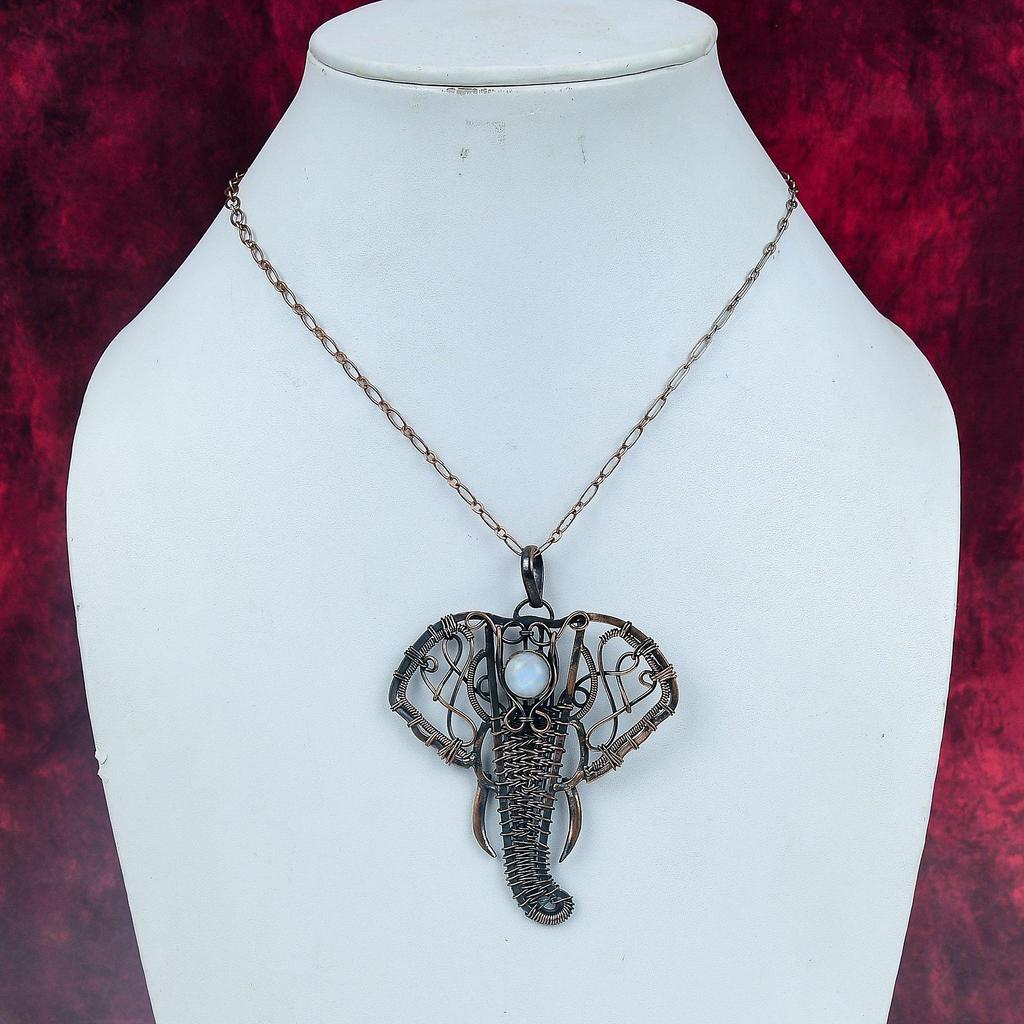 Rainbow Moonstone Pendant Copper Wire Wrapped Elephant Jewelry Gemstone Pendant