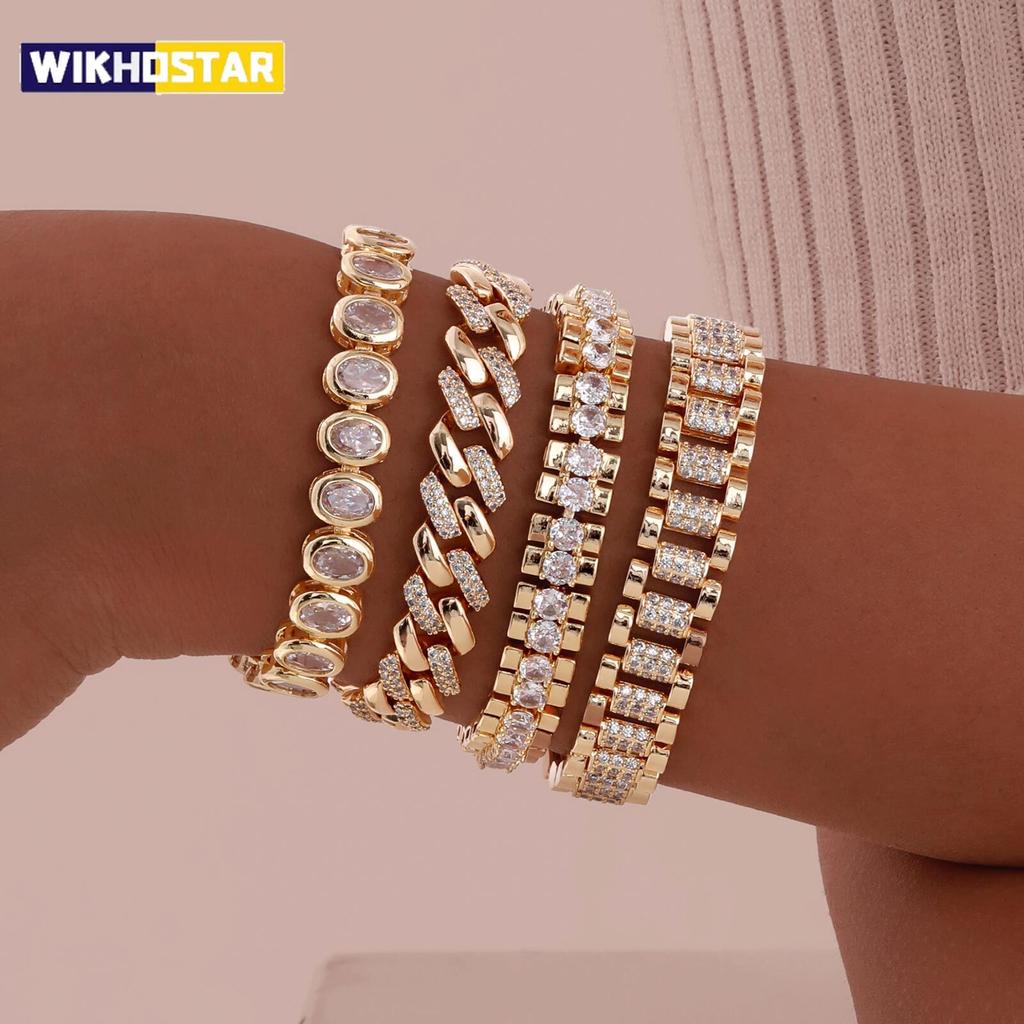 Büroklammer-Kettenarmband 14K vergoldet Zirkonia Uhrenarmband Grobe Glieder Verstellbar Stapelbarer Schmuck Für Frauen Mädchen Geschenk