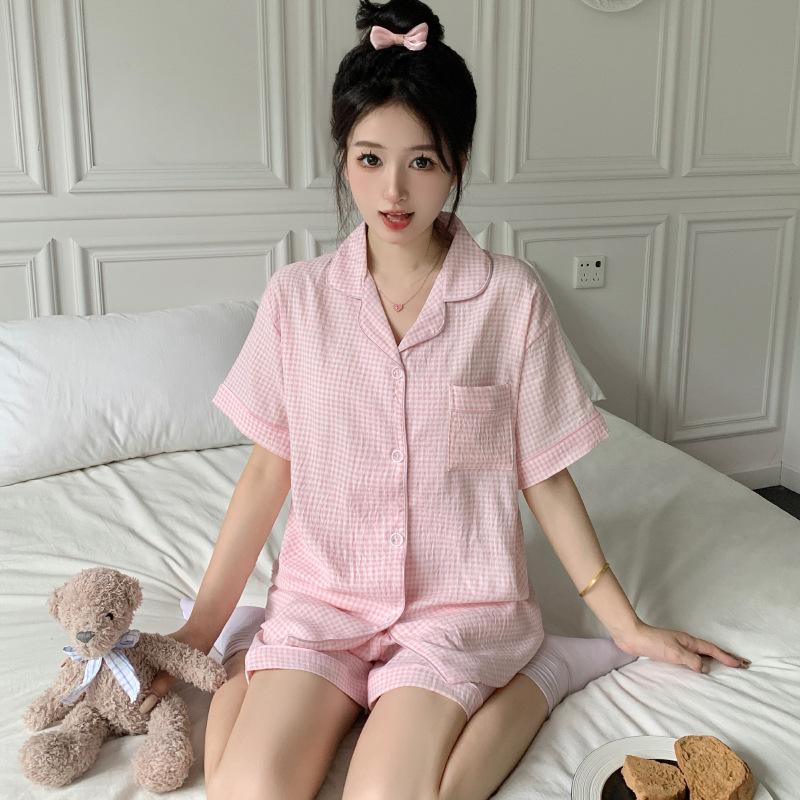 Cloud Cotton Pajamas Girls Summer Pink Plaid Elegant Casual Short-Sleeved Suit Loungewear