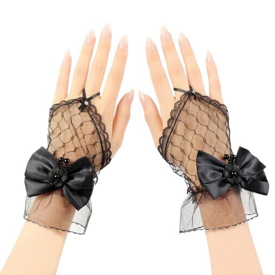 Women Lace Gloves Fingerless Mesh Gloves with Bow Embellishment for Wedding Princess Style Stage Performance Ballet Party Cosplay Bridal Accessories