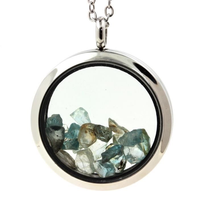 Collier - ABIJOUX - Médaillon 30 mm - Zircon brut - Acier inoxydable - Argenté