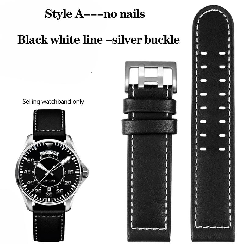 20mm 22mm Genuine Leather with Nails Watchband For Hamilton Khaki H77616533 H70615733 Series Men's Watch Band Strap Wristband