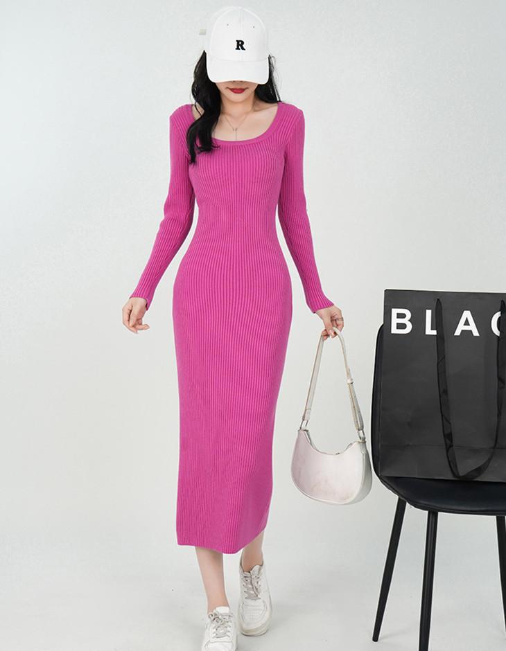 Temperament Elegant Style Knitted Dress Autumn and Winter U-neck Long-sleeved Slim-fitting Long Knee-bottom Sweater Skirt Women