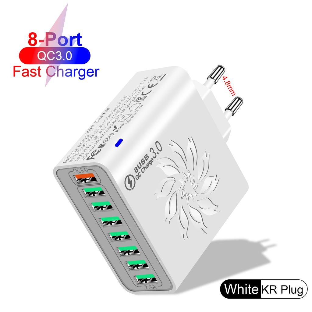 65W 8 Ports USB Charger QC Fast Charging EU/US/KR/UK Plug Fast Charger Power Adapter For iPhone 15 Xiaomi Samsung Wall Charger
