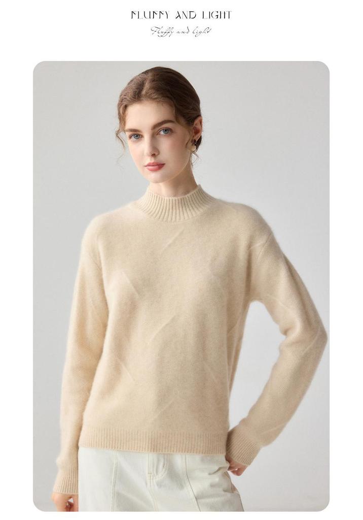 Women's Cashmere Jacquard Knit Sweater - Light Luxury Half-High Neck, Long Sleeve, Loose Fit, Skin-Friendly Base Layer.