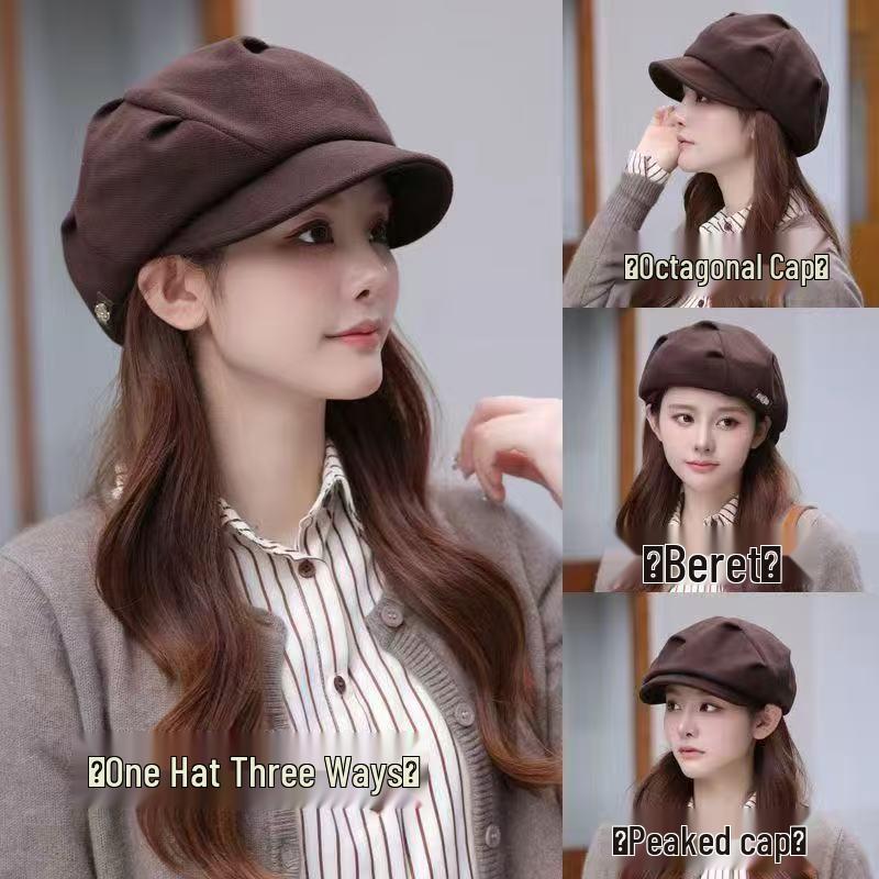 Damen-Falten-Wolken-Barett mit Gesichtsbedeckung - Retro Achteckiger Hut für Reisen und Freizeit Koreanischer Stil.