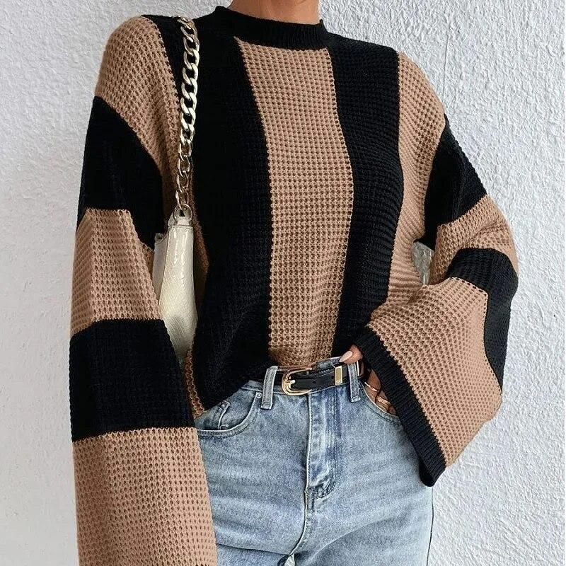 Lady Outwear Pullovers Striped Loose Fit Knitted Pullovers Women Autumn Spring Fashion Long Sleeve Knitwear Sweater Sexy