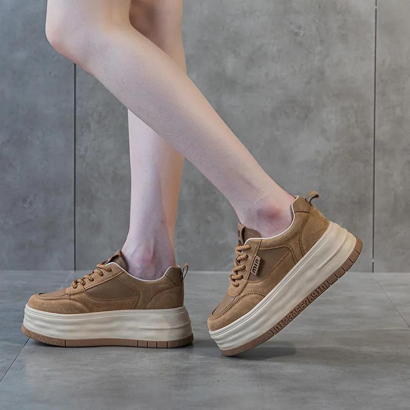 High Quality 7CM Cloth Suede Genuine Leather Fashion Women Autumn Chunky Sneaker Platform Wedge Women Vulcanize New Spring Shoes