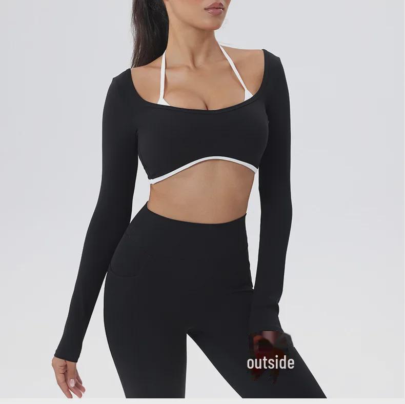 European-American Contrast Long-Sleeve Quick-Dry Yoga Top with Beautiful Back and Built-in Bra