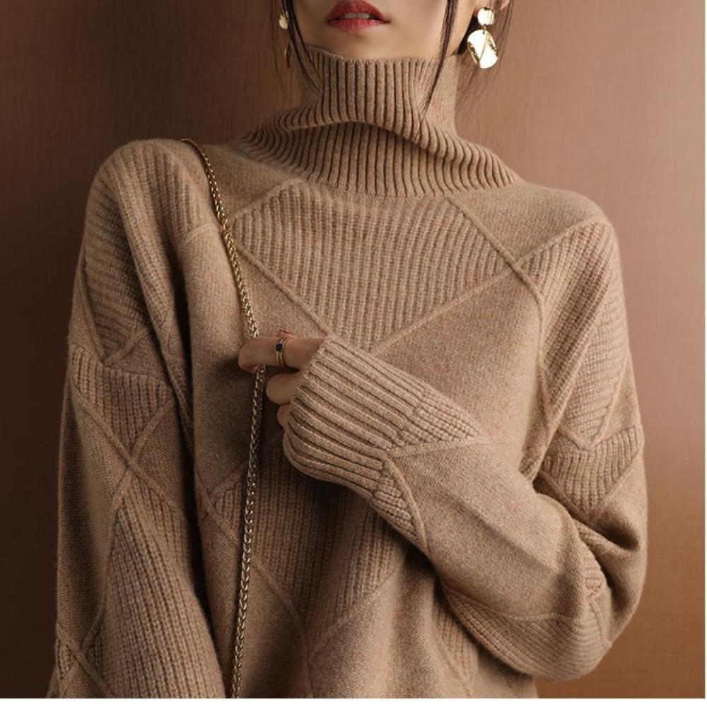 

Ladies High Neck Autumn and Winter Diamond Solid Color Thick Pullover Loose and Lazy Style Knitted Base Sweater one size fits all