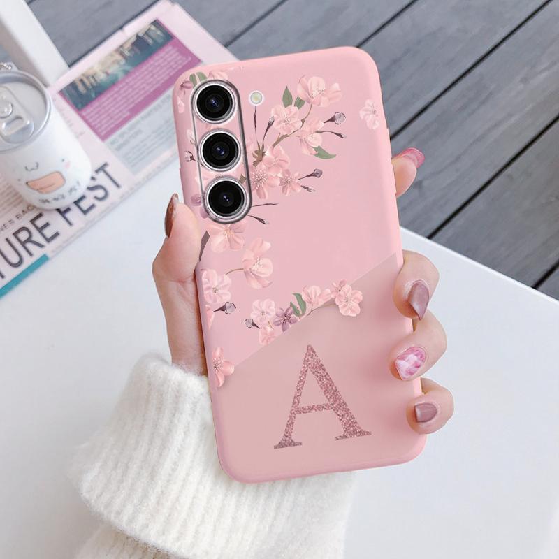Initial Letter A Z Phone Case For Samsung Galaxy A55 A54 A56 A06 5G Cover Pink Flowers Soft Silicone Back Funda Coque TPU Bumper