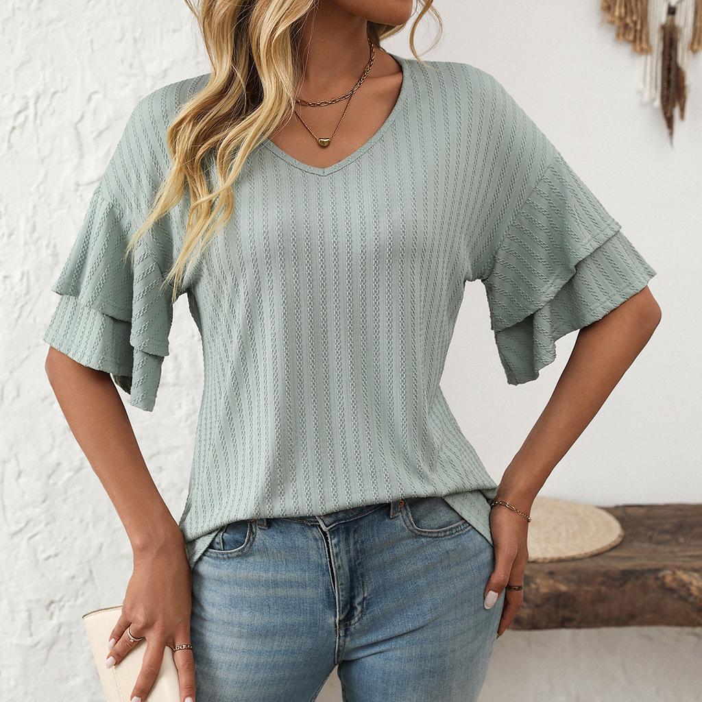 Spring and Summer Solid Color V-neck Ruffle Sleeve Top Short Sleeved Textured Women's T-shirts
