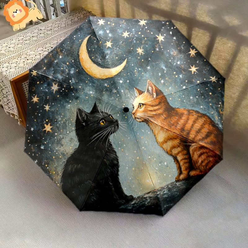 1 Stück Automatischer Faltregenschirm - Sternennacht Katzenmuster, Tragbares & Faltbares Design mit 8 Speichen, Weihnachts-Geburtstagsgeschenke