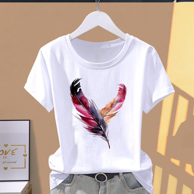 (Asian Size) watercolor flower cute Casual T Short Sleeve T-shirts Women's Top Print O-neck Fashion Female Clothing Graphic Tee