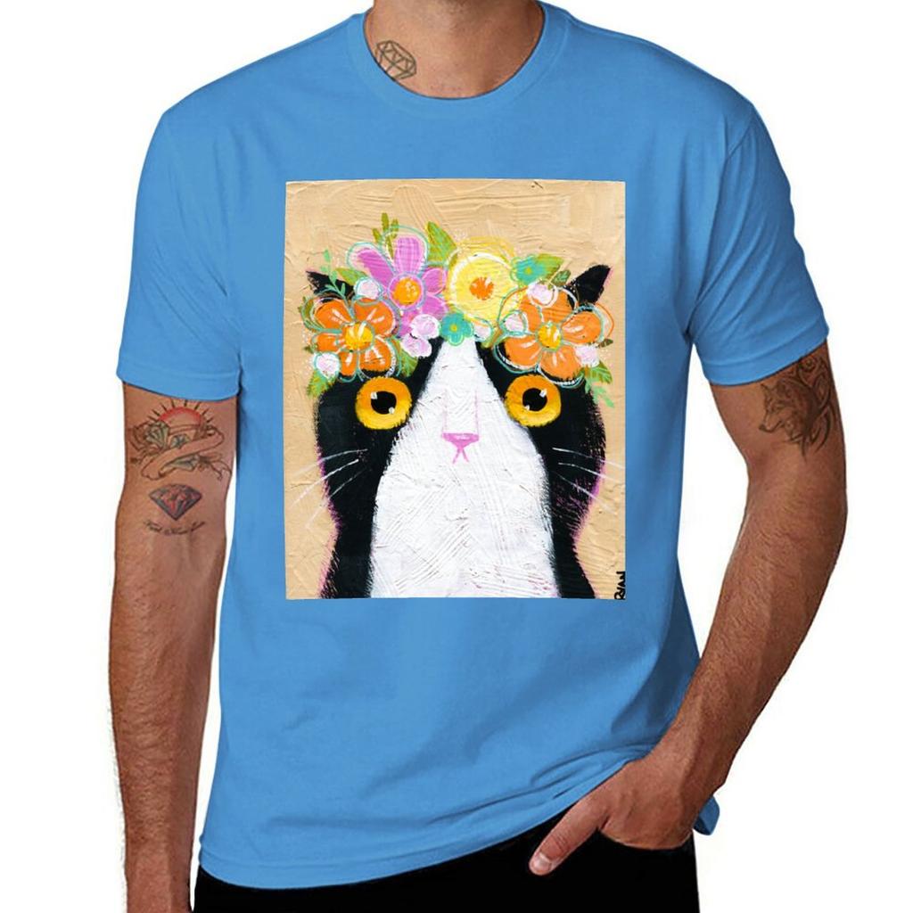 Kittys Flower Crown TShirt Aesthetic Clothes Customs for a Boy Black Tshirts for Men