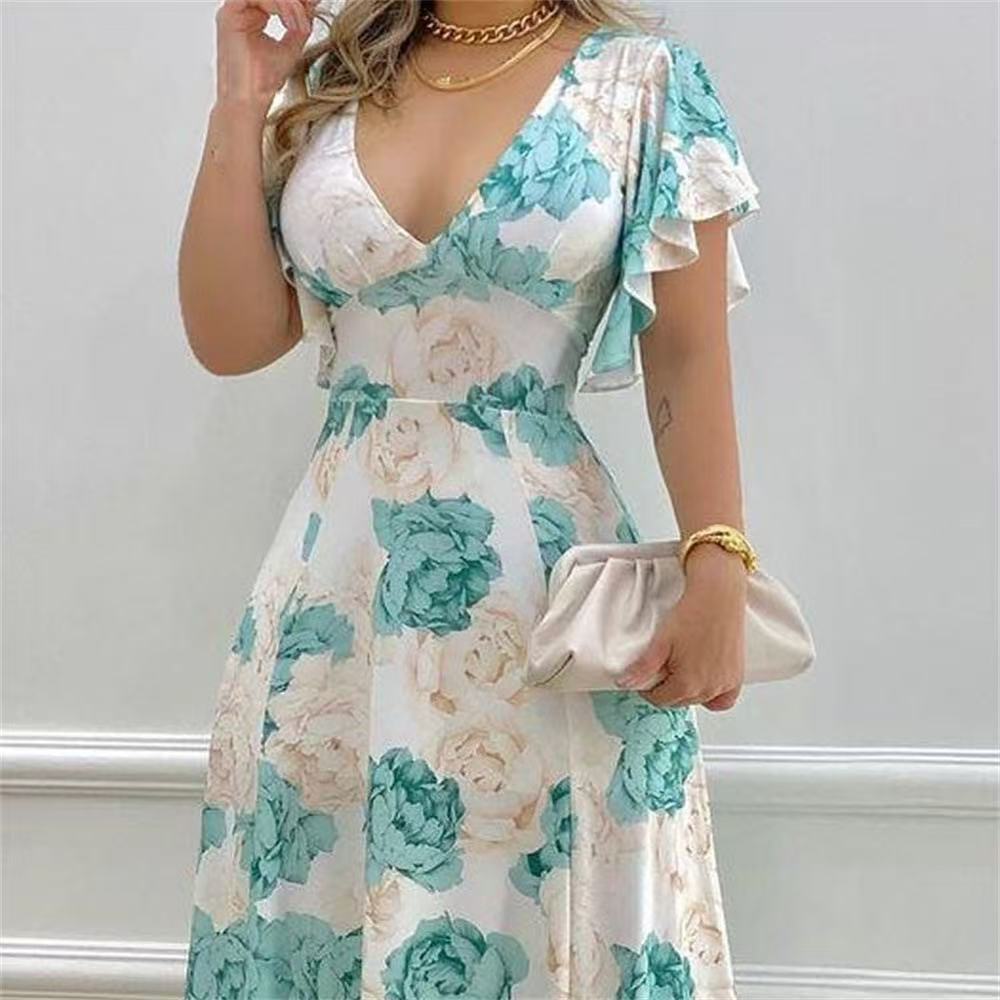 Summer V-neck Temperament Elegant Large Size Printing Dress Big Swing Dress Women's Clothing