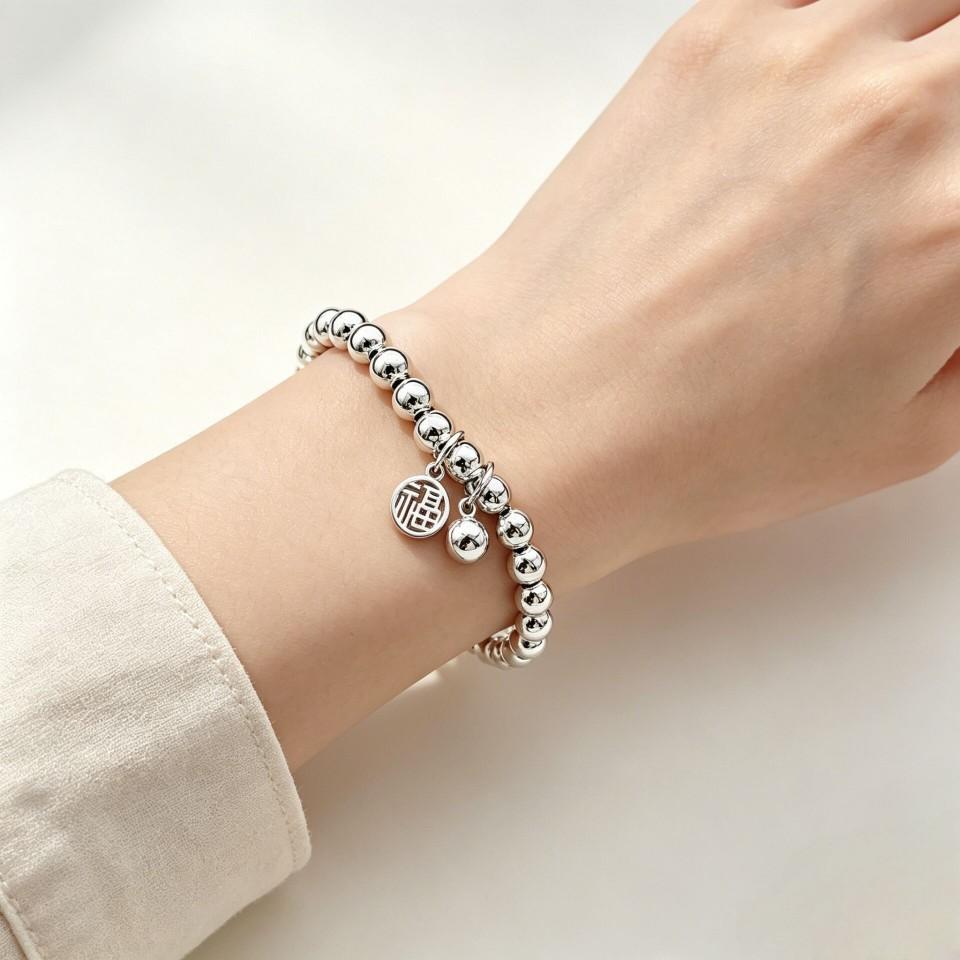 Sterling Silver999Bracelet with Fortune Charm, Pure Silver Fortune Beads, Round Shiny Beads, Non-fading Jewelry, Birthday Gift for Girls