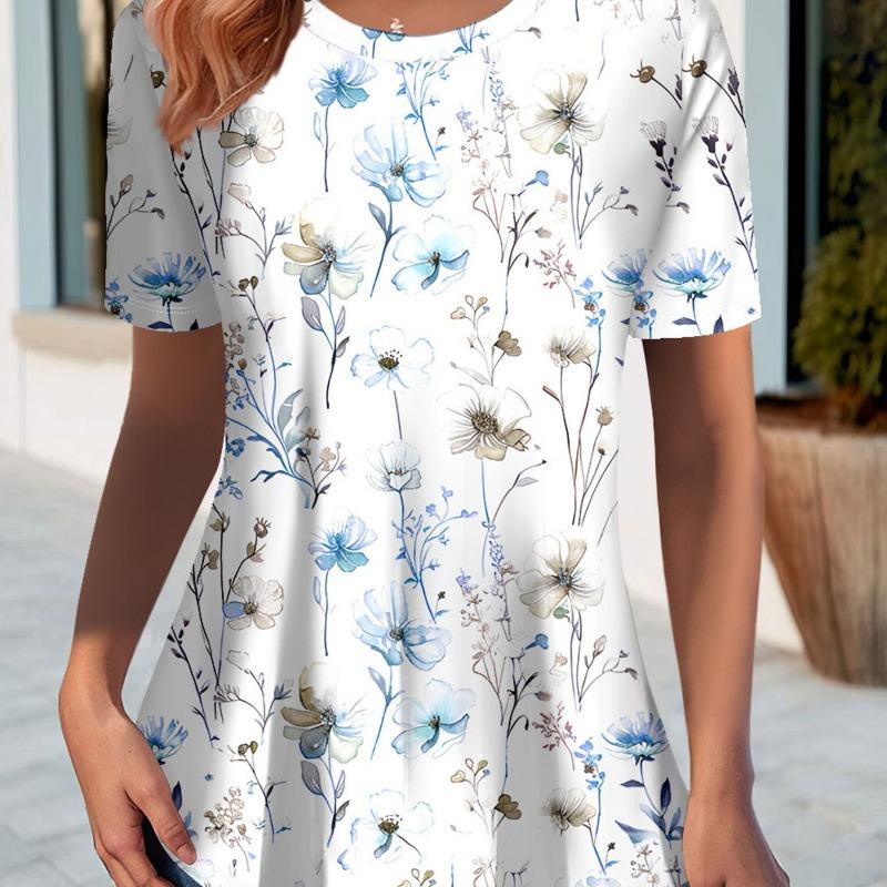 Women's large size short-sleeved round neck T-shirt 3D white background watercolor blue flower
