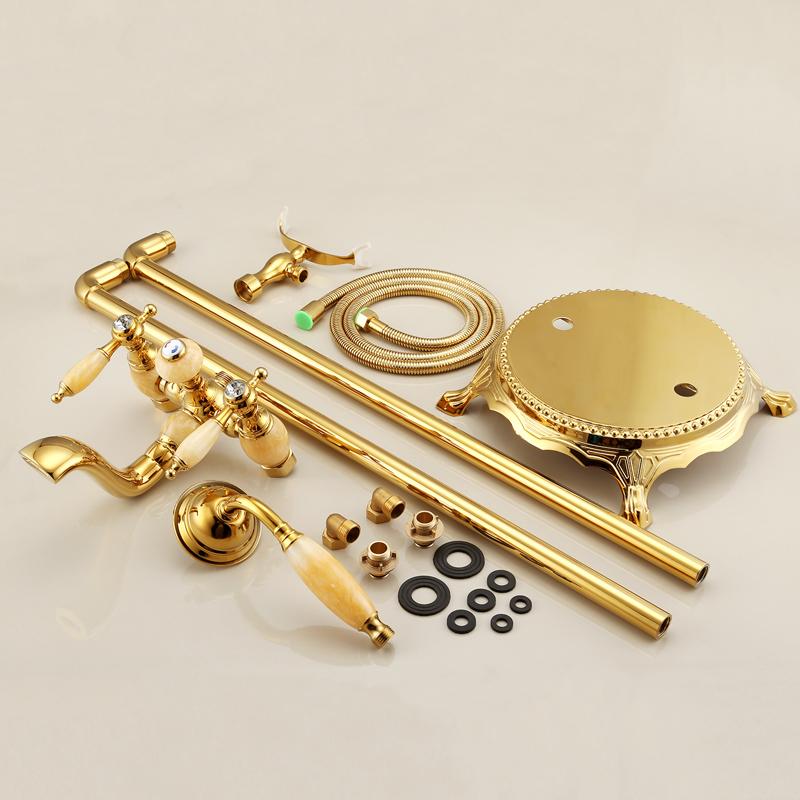 Gold Brass Floor Stand Bathtub Shower Faucet Swivel Spout Bathroom Jade shower faucet Mixers Tap Jade Standing Bathtub Faucet