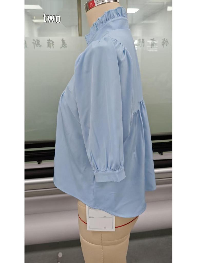 2025 V formos iškirptės moteriški laisvi marškiniai su žibintų rankovėmis, vienspalviai, kasdieniai, klostuoti - Europos ir Amerikos stiliaus