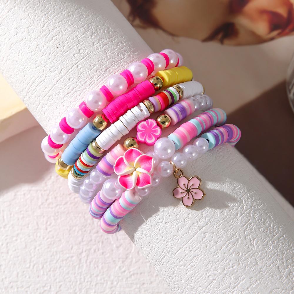 College Style Color Soft Pottery Flower Shell Bracelet Set Sweet and Cute Marine Element Pearl Elastic Bracelet Women