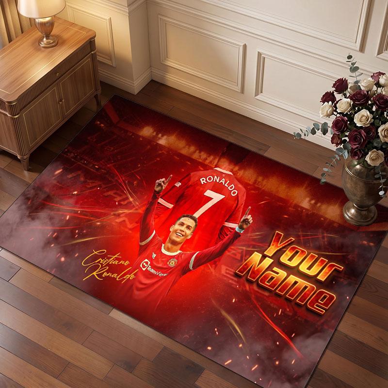 Cristiano Ronaldo Custom Crystal Velvet Rug, Personalized Name Text Print, Football Logo Soft Non‑Slip Floor Mat Home Decor Gift