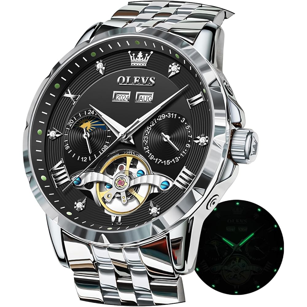 OLEVS Men s Automatic Mechanical Watch Moon Phase Skeleton Waterproof Black and White