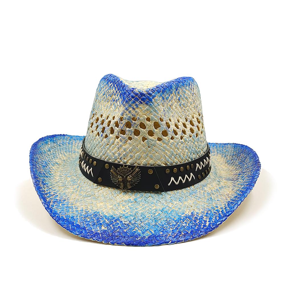 Hand-painted Hollow Woven Western Cowboy Hat Men and Women Summer Outdoor Denim Hat Beach Sunscreen Paper Straw Hat Shell Chain
