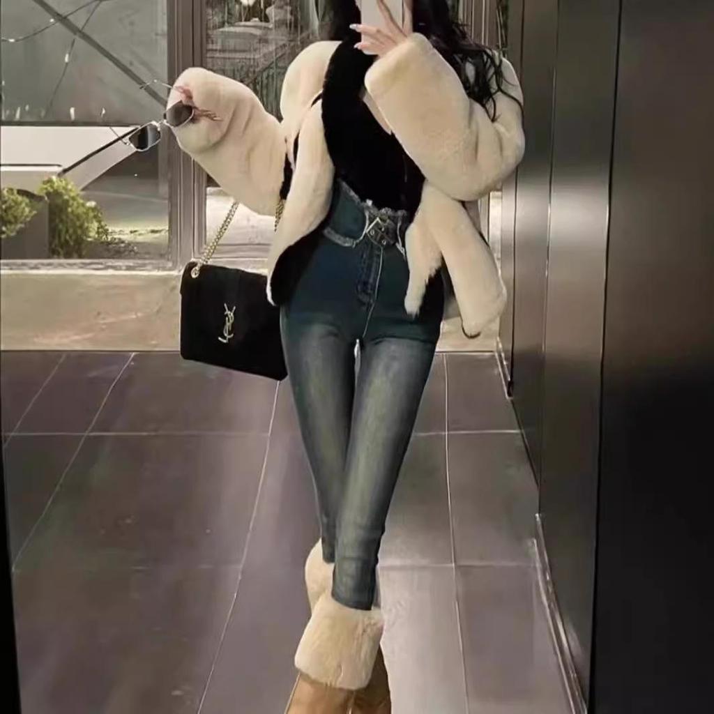 High Waist Plus Velvet Women's Winter 2024 Slim Fit Raw Edge Skinny Jeans