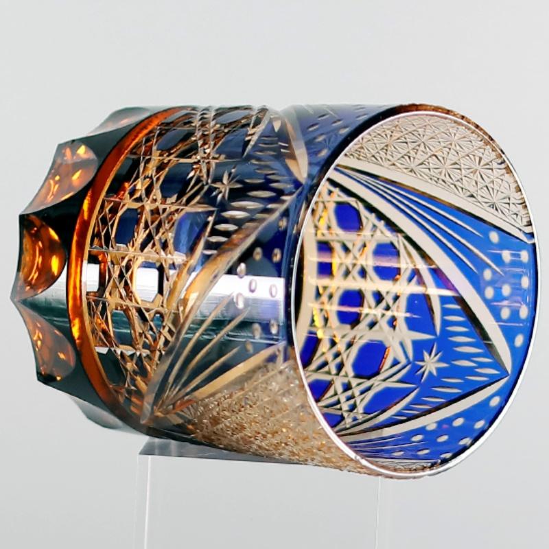 8.5 Oz Luxury Blue Amber Rocks Glass Edo Kiriko Straight Whisky Tumbler Hand Engraved Octagonal Basket Weave With Gift Box