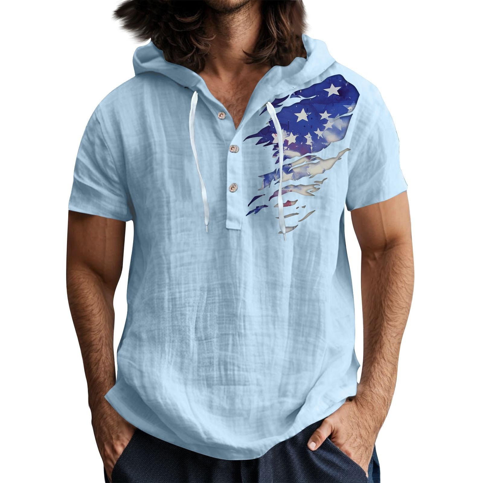 Мужская повседневная футболка с короткими рукавами капюшоном и открытым воротом на пуговицах S 1709₽