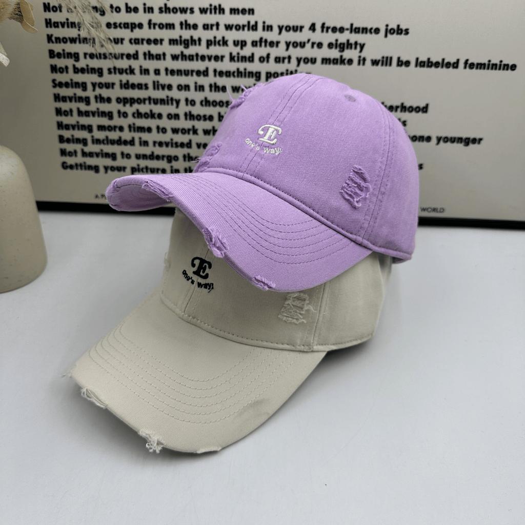 Old ripped burgundy baseball cap retro letter embroidery soft top cap trendy brand street versatile shade