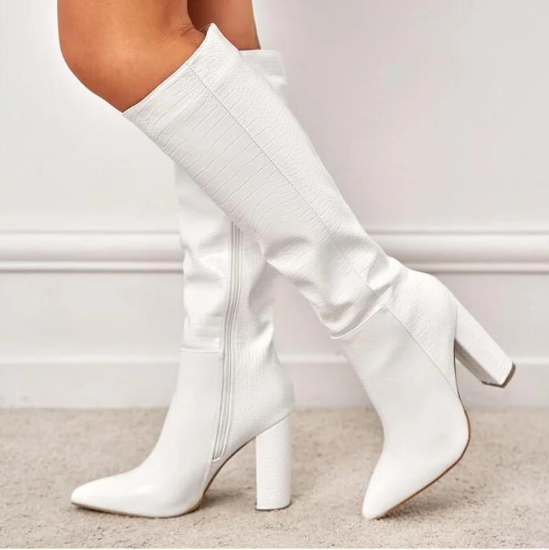 Fashion High Quality Chunky Heel Crocodile Pattern Leather Knee High Boots Women Sexy Pointed Toe Side Zipper Designer Luxury Long Boots