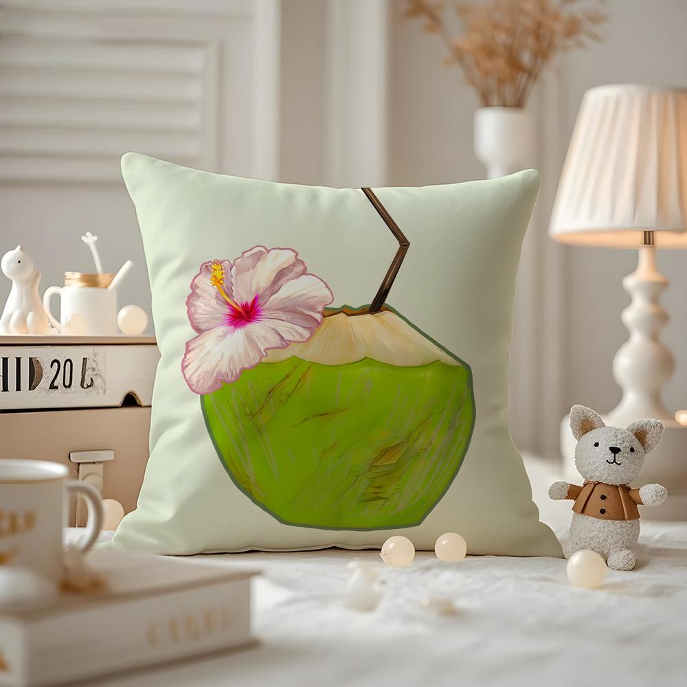 Art Coconut Illustration Cushion Cover Antidustmite Pillowcase Invisible Zipper Silky Short Plush Sofa Cushion Cover
