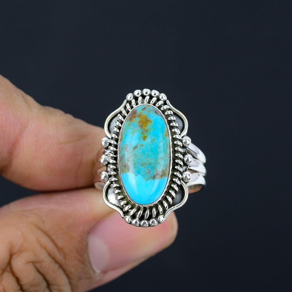 Natural Turquoise Gemstone 925 Sterling Silver Trio Shank Beaded Ring For Women & Girls