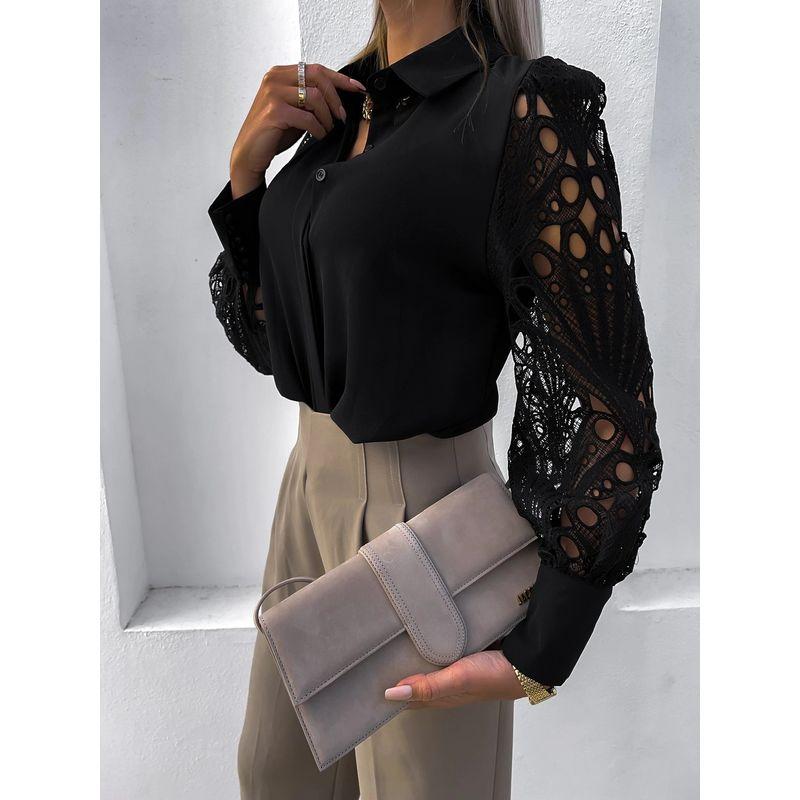 

2023 Hot Selling Women s Lace Patchwork Shirt Patchwork Shirt Black 3XL