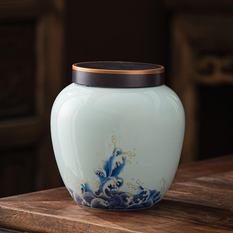 Vintage Mountain Scenery Pattern Ceramic Tea Caddy Moisture Seal Nut Candy Storage Jar Ink Ceramic Storage Bottle Art Decoration