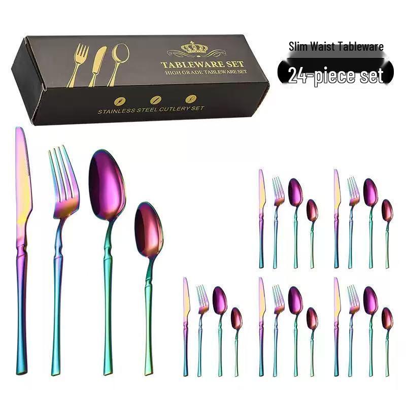 Gold 24-Piece Stainless Steel Cutlery Set: Elegant Steak Knife, Fork, and Spoon for Western Cuisine.