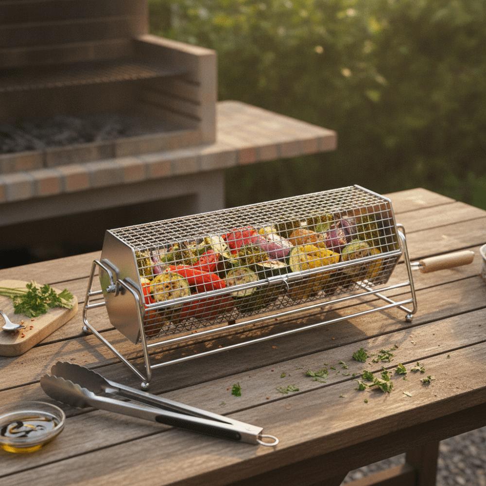 with Wood Handle Rolling BBQ Grill Mesh Basket Stainless Steel Grill Rotisserie Basket Picnic