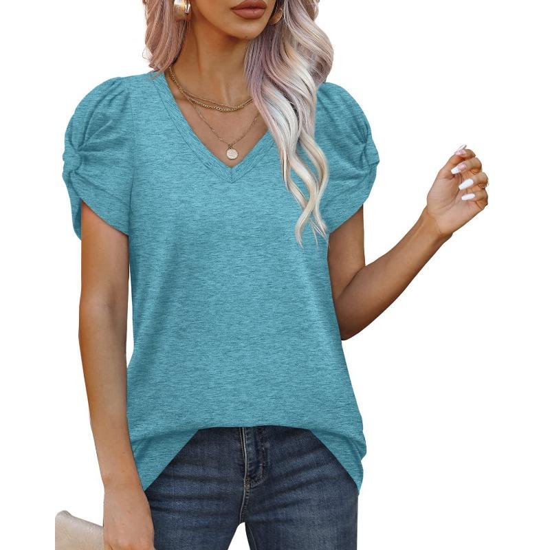 Spring and Summer New Solid Color Simple Twist V-neck Short-sleeved T-shirt Bottoming Shirt for Women