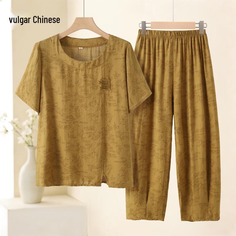 Elderly Women s Short Sleeve Cotton Linen Summer Two-Piece Set 5XL