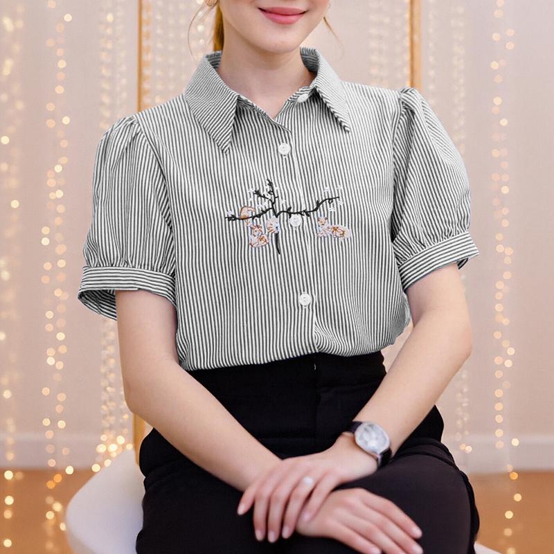ZANZEA Women Casual Turn Down Collar Short Sleeve Embroidery Stripe Blouse S чёрный